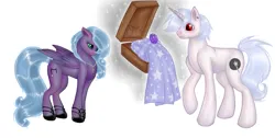 Size: 1599x803 | Tagged: safe, artist:tasertail, derpibooru import, oc, oc:moonstone, oc:starlight sonata, unofficial characters only, pegasus, pony, unicorn, box, cape, clothes, female, horn, image, male, mare, png, simple background, stallion, white background