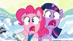 Size: 1920x1073 | Tagged: safe, derpibooru import, screencap, pinkie pie, twilight sparkle, pony, unicorn, g4, season 1, winter wrap up, duo, female, ice skates, image, jpeg, mare, my little pony, screaming, skates, speed lines, unicorn twilight