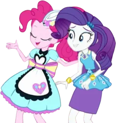 Size: 2378x2520 | Tagged: safe, derpibooru import, edit, edited screencap, editor:mrtoonlover83, screencap, pinkie pie, rarity, equestria girls, g4, background removed, female, image, not a vector, png, rarity peplum dress, server pinkie pie, simple background, transparent background