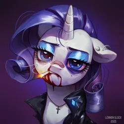 Size: 1024x1024 | Tagged: safe, artist:lennonblack, derpibooru import, rarity, pony, unicorn, g4, band-aid on nose, bandaid, blood, bust, cigarette, clothes, cross, cross necklace, ear piercing, earring, female, floppy ears, horn, image, jacket, jewelry, leather, leather jacket, looking at you, mare, necklace, nosebleed, piercing, png, signature, smoking, solo