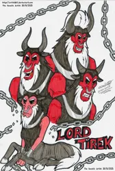 Size: 3144x4676 | Tagged: safe, artist:artistnjc, derpibooru import, lord tirek, centaur, taur, g4, antagonist, beard, chains, character name, cloven hooves, colored, evil grin, facial hair, grin, horns, image, looking at you, lying down, nose piercing, nose ring, piercing, png, prone, sharp teeth, signature, simple background, smiling, solo, teeth, traditional art