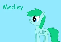 Size: 1219x836 | Tagged: safe, artist:robertwilliams2006, derpibooru import, medley, pegasus, pony, g1, g4, blue background, closed mouth, cute, cyan background, female, folded wings, g1 to g4, generation leap, green text, image, light blue background, mare, medleybetes, png, simple background, smiling, solo, text, wings