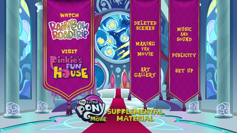 Size: 1920x1080 | Tagged: safe, artist:kbj comix, artist:mlp-silver-quill, derpibooru import, edit, g4, my little pony: the movie, blu-ray, canterlot, canterlot castle, canterlot throne room, image, implied pinkie pie, menu, my little pony, my little pony: rainbow roadtrip, no pony, palace, png, stained glass, tapestry, throne, throne room