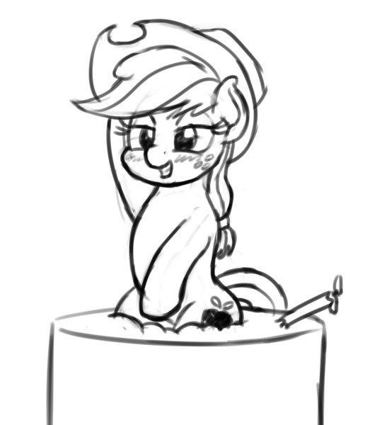 Size: 2700x3000 | Tagged: safe, artist:mkogwheel, derpibooru import, applejack, earth pony, pony, g4, bedroom eyes, black and white, blush scribble, blushing, cake, female, food, grayscale, grin, image, mare, monochrome, png, simple background, sketch, smiling, solo, white background