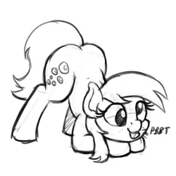 Size: 2200x2200 | Tagged: safe, artist:mkogwheel, derpibooru import, derpy hooves, pegasus, pony, g4, ass up, black and white, cute, derpabetes, face down ass up, female, grayscale, image, mare, monochrome, onomatopoeia, png, raspberry, raspberry noise, silly, simple background, sketch, solo, tongue out, white background, wingless