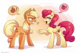 Size: 2048x1440 | Tagged: safe, artist:skysorbett, derpibooru import, applejack, strawberry sunrise, earth pony, pegasus, pony, g4, honest apple, abstract background, angry, apple, argument, duo, food, image, jpeg, my little pony, scene interpretation, strawberry