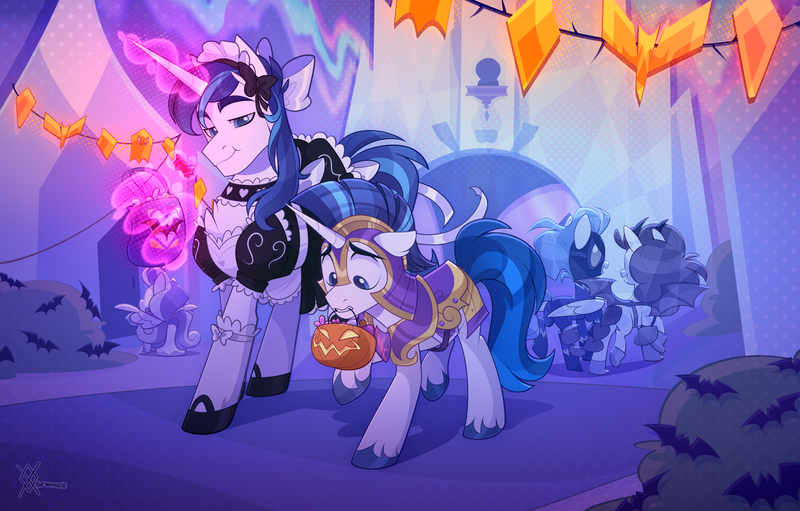 Size: 3200x2042 | Tagged: safe, artist:thewandie, ponerpics import, ponybooru import, shining armor, oc, oc:feathertrap, pony, unicorn, armor, armored pony, background pony, bow, candy, choker, clothes, commission, confident, costume, crossdressing, crystal empire, decoration, femboy, food, frilly, frilly skirt, glowing horn, hair bow, halloween, halloween 2024, headdress, holiday, hooves, horn, image, magic, maid, male, mouth hold, nervous, nightmare night, nightmare night costume, png, puffy sleeves, pumpkin bucket, royal guard armor, shining armor's helmet, shiningtrap, sissy, slippers, stallion, struggling, strutting, telekinesis, unshorn fetlocks