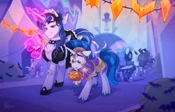 Size: 3200x2042 | Tagged: safe, alternate version, artist:thewandie, ponerpics import, ponybooru import, shining armor, oc, oc:feathertrap, pony, unicorn, armor, armored pony, background pony, bow, candy, choker, clothes, commission, confident, costume, crossdressing, decoration, femboy, food, frilly, frilly skirt, glowing horn, hair bow, halloween, halloween 2024, headdress, holiday, hooves, horn, image, magic, maid, male, mouth hold, nervous, nightmare night, nightmare night costume, png, puffy sleeves, pumpkin bucket, royal guard armor, shining armor's helmet, shiningtrap, sissy, slippers, stallion, struggling, strutting, telekinesis, unshorn fetlocks