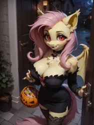 Size: 1320x1760 | Tagged: safe, ai content, machine learning generated, ponerpics import, ponybooru import, prompter:wolferin, fluttershy, anthro, bat pony, pegasus, vampire, vampire bat pony, bat ponified, clothes, costume, female, flutterbat, full moon, halloween, holiday, image, jack-o-lantern, moon, nightmare night, nightmare night costume, png, pumpkin, race swap, solo