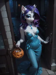 Size: 1320x1760 | Tagged: safe, ai content, machine learning generated, ponerpics import, ponybooru import, prompter:wolferin, rarity, anthro, unicorn, clothes, costume, female, full moon, halloween, holiday, image, jack-o-lantern, moon, nightmare night, nightmare night costume, png, prompt in source, pumpkin, solo