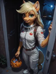 Size: 1320x1760 | Tagged: safe, ai content, machine learning generated, ponerpics import, ponybooru import, prompter:wolferin, applejack, anthro, earth pony, astronaut, clothes, costume, female, full moon, halloween, holiday, image, jack-o-lantern, moon, nightmare night, nightmare night costume, png, prompt in source, pumpkin, solo