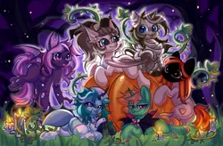 Size: 2560x1682 | Tagged: safe, artist:uwushka, derpibooru import, oc, oc:dima, oc:krita, oc:sithilis, oc:valsie, unofficial characters only, bat pony, changeling, earth pony, pegasus, pony, unicorn, clothes, costume, halloween, halloween costume, holiday, horn, image, png, pumpkin