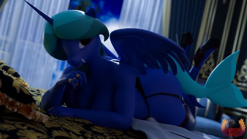 Size: 3840x2160 | Tagged: oc name needed, suggestive, artist:loveslove, derpibooru import, ponerpics import, oc, unofficial characters only, alicorn, anthro, original species, plantigrade anthro, shark, shark pony, 3d, 4k, alicorn oc, bed, big breasts, breasts, cleavage, clothes, commission, female, garter belt, garters, high heels, high res, horn, image, jpeg, looking at you, lying down, on bed, prone, shoes, socks, stockings, thigh highs, wings, ych result