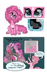 Size: 800x1280 | Tagged: safe, artist:albusfoxtrot, derpibooru import, pinkie pie, earth pony, human, pony, g4, comic, commission, eye reflection, female, image, jpeg, mare, multeity, presentation, reflection, restrained, sitting, speech bubble, transformation, twinning, ych result