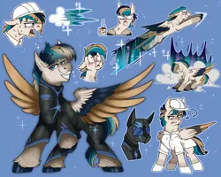 Size: 3000x2400 | Tagged: safe, artist:molars, derpibooru import, oc, oc:nacreous sparkledust, unofficial characters only, pegasus, pony, aurora borealis, blood, colored wings, commission, cutie mark, doodle, emotes, faic, flight trail, flying, full body, heart, heart eyes, helmet, image, looking at you, multicolored hair, multicolored wings, nosebleed, pixelated, png, raised leg, smiling, smug, solo, sparkles, spread wings, unimpressed, weather factory uniform, weather pony, wet, wingding eyes, wings