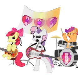 Size: 768x768 | Tagged: safe, artist:neowemu, derpibooru import, apple bloom, scootaloo, sweetie belle, earth pony, pegasus, pony, unicorn, g4, bass guitar, cutie mark crusaders, cymbals, drum kit, drums, drumsticks, ear piercing, earring, electric guitar, emo, eyebrow piercing, flag, guitar, horn, image, jewelry, microphone, musical instrument, piercing, png, simple background, sitting, standing, stool, transparent background