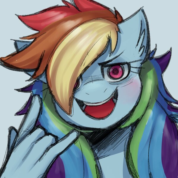 Size: 2000x2000 | Tagged: safe, artist:samirachuni, derpibooru import, part of a set, rainbow dash, anthro, g4, bust, female, hair over one eye, high res, image, jpeg, looking at you, open mouth, open smile, peace sign, portrait, simple background, smiling, solo