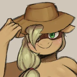 Size: 2000x2000 | Tagged: safe, artist:samirachuni, derpibooru import, part of a set, applejack, anthro, g4, applejack's hat, bust, cowboy hat, female, hair over one eye, hat, hat tip, high res, image, jpeg, looking at you, portrait, simple background, smiling, solo