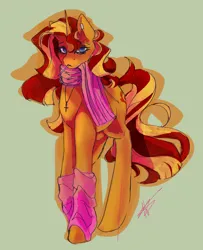 Size: 1408x1731 | Tagged: safe, artist:hjartpieces, derpibooru import, sunset shimmer, pony, unicorn, g4, clothes, cross, cross necklace, female, horn, image, jewelry, leg warmers, looking at you, mare, necklace, png, scarf, solo