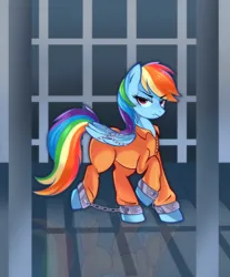 Size: 3360x4052 | Tagged: safe, artist:klauzoo, derpibooru import, rainbow dash, chained, chains, clothes, commissioner:rainbowdash69, cuffs, image, jail, never doubt rainbowdash69's involvement, png, prison, prison outfit, prisoner, prisoner rd, shackles, walking