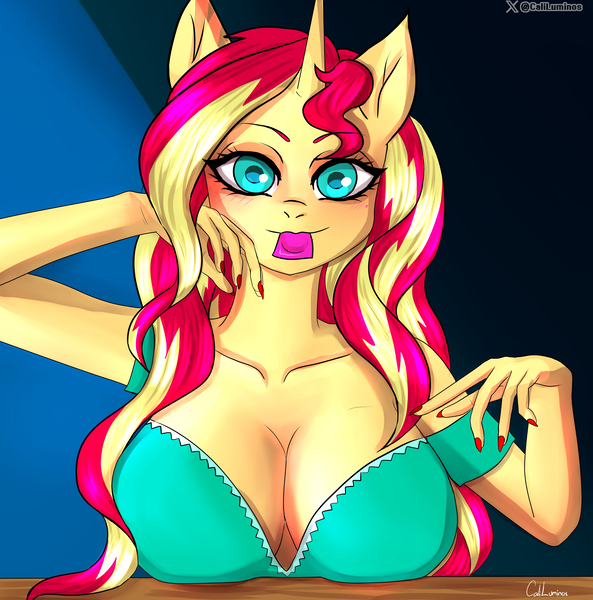 Size: 3792x3840 | Tagged: suggestive, artist:cali luminos, derpibooru import, anthro, unicorn, big breasts, breasts, commission, condom, fanart, hand on chin, horn, image, jpeg, looking at you, my little pony, sunlight, your character here