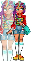 Size: 1240x1754 | Tagged: safe, artist:jully-park, derpibooru import, sunny starscout, human, equestria girls, g4, g5, bag, braid, clothes, female, handbag, image, jacket, mane stripe sunny, png, shorts, simple background, socks, solo, white background, zoom layer