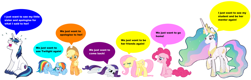 Size: 4912x1568 | Tagged: safe, derpibooru import, applejack, fluttershy, pinkie pie, princess celestia, rainbow dash, rarity, shining armor, g4, crying, homesick, image, png, regret, sad, speech bubble