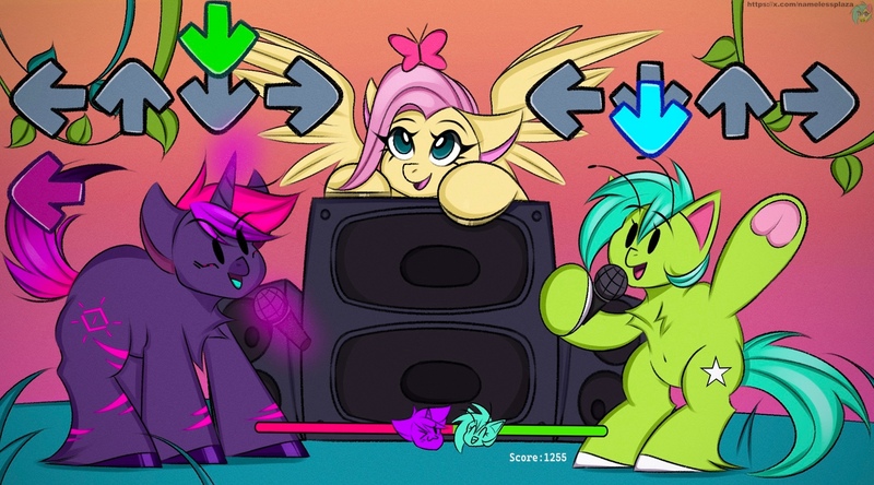 Size: 1800x1000 | Tagged: safe, artist:namelessplaza, derpibooru import, fluttershy, oc, oc:starzie, alien, alien pony, butterfly, insect, pony, unicorn, g4, friday night funkin', game, grass, grass field, horn, image, jpeg, magic, microphone, music, open mouth