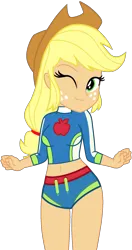 Size: 1084x2052 | Tagged: safe, artist:star-armour95, artist:yaya54320bases, derpibooru import, applejack, human, equestria girls, g4, applejack's beach shorts swimsuit, applejack's hat, belly, belly button, breasts, clothes, cowboy hat, cute, equestria girls specials, female, hat, image, midriff, my little pony equestria girls: better together, my little pony equestria girls: forgotten friendship, one eye closed, png, simple background, smiling, solo, swimsuit, transparent background, vector, wink