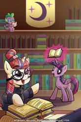 Size: 527x800 | Tagged: safe, artist:marybellamy, derpibooru import, idw, moondancer, spike, twilight sparkle, alicorn, dragon, pegasus, pony, unicorn, g4, book, bookshelf, comics, cover, horn, image, jpeg, levitation, library, magic, reading, telekinesis, winged spike, wings, zorilita