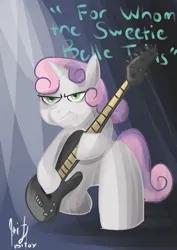 Size: 679x960 | Tagged: safe, artist:edgymushroom, derpibooru import, sweetie belle, pony, unicorn, for whom the sweetie belle toils, g4, angry face, bass guitar, bipedal, dexterous hooves, electric guitar, guitar, horn, image, jpeg, musical instrument, my little pony, solo