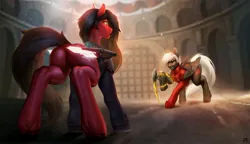 Size: 4051x2334 | Tagged: safe, artist:dacsy, derpibooru import, oc, unofficial characters only, pegasus, pony, amputee, artificial wings, augmented, butt, clothes, colosseum, detailed, duo, high res, image, imminent fight, jpeg, legs, looking at each other, looking at someone, plot, prosthetic leg, prosthetic limb, prosthetic wing, prosthetics, snarling, weapon, wings