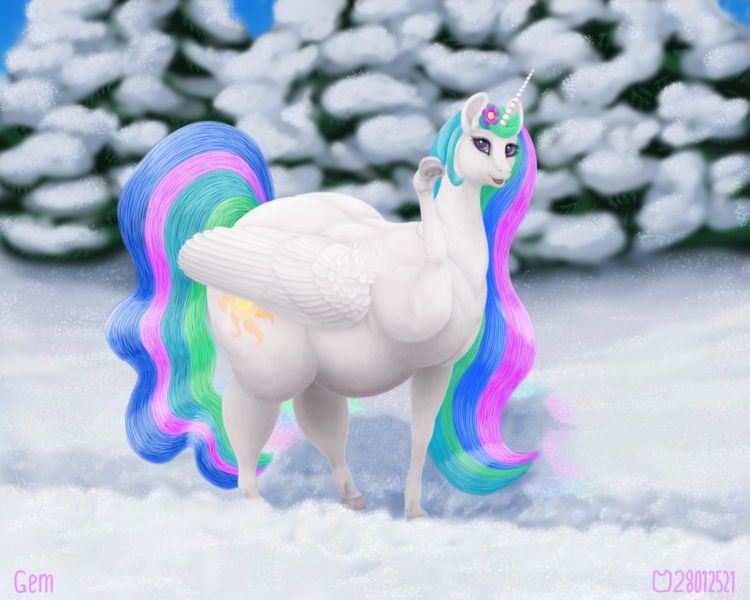 Size: 1500x1200 | Tagged: safe, artist:soobel, derpibooru import, princess celestia, alicorn, pony, g4, belly, big belly, chubbylestia, fat, female, flower, flower in hair, image, mare, obese, png, snow, the ass was fat, underhoof, waving, winter