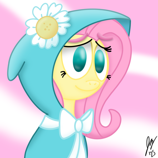 Size: 2048x2048 | Tagged: safe, artist:jesslmc16, derpibooru import, fluttershy, pegasus, pony, g4, secret of my excess, bow, bust, cute, female, flower, gradient background, high res, hood, hooded cape, image, looking at you, mare, my little pony, png, portrait, shyabetes, smiling, smiling at you, solo, taffeta cape, three quarter view