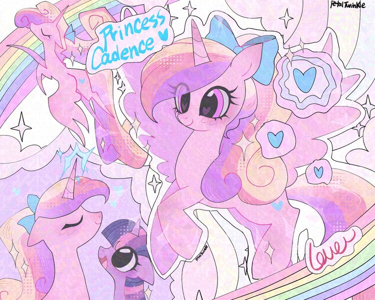 Size: 2048x1638 | Tagged: safe, artist:petaltwinkle, derpibooru import, princess cadance, twilight sparkle, alicorn, pony, g4, adversarial noise, blush scribble, blushing, bow, duo, female, filly, floating heart, floppy ears, flying, foal, foalsitter, hair bow, heart, heart eyes, image, jpeg, looking at someone, magic, mare, open mouth, open smile, rainbow, smiling, solo focus, spread wings, wingding eyes, wings, younger