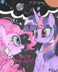 Size: 1638x2048 | Tagged: safe, artist:petaltwinkle, derpibooru import, pinkie pie, twilight sparkle, twilight sparkle (alicorn), alicorn, earth pony, pony, g4, adversarial noise, crying, female, image, jpeg, lesbian, shipping, sun, twinkie