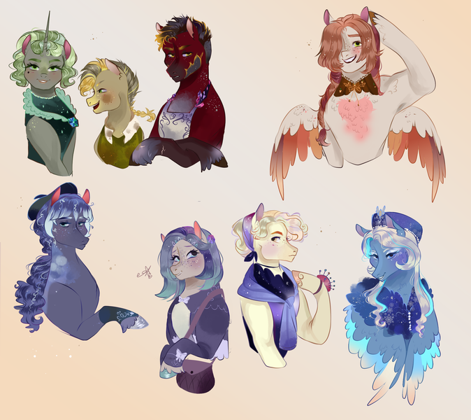 Size: 2238x1991 | Tagged: safe, artist:bunnari, derpibooru import, oc, oc:blank slate, oc:dolce creme, oc:gold digger, oc:high standards, oc:key lime, oc:masonry oven, oc:modest violet, oc:tender core, unofficial characters only, earth pony, pegasus, pony, unicorn, alternate design, apron, bad end au, bag, beauty mark, beret, clothes, colored wings, colored wingtips, colt, dress, female, foal, gradient background, handbag, hat, horn, image, magical gay spawn, magical lesbian spawn, male, mare, next generation, offspring, parent:big macintosh, parent:bulk biceps, parent:coco pommel, parent:fancypants, parent:flim, parent:limestone pie, parent:marble pie, parent:maud pie, parent:party favor, parent:zephyr breeze, parents:bulkmac, parents:flimstone, parents:limemac, parents:marblecoco, parents:maudfavor, parents:zephyrpants, png, shirtless shirt collar, stallion, twitterina design, unshorn fetlocks, wings