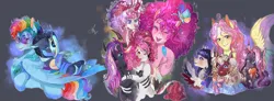 Size: 2717x1000 | Tagged: safe, artist:bunnari, derpibooru import, discord, fluttershy, pinkie pie, rainbow dash, oc, oc:blood love rosabella, oc:calla lilith, oc:carnivalicious, oc:festivalus, oc:harlequin, oc:seraphim allure, oc:venom sting, changepony, draconequus, hybrid, pegasus, pony, unicorn, g4, bad end au, colored wings, colored wingtips, colt, discopie, female, filly, foal, horn, horns, image, interspecies offspring, jewelry, magical lesbian spawn, male, mare, next generation, offspring, parent:fluttershy, parent:king sombra, parent:queen chrysalis, parent:rainbow dash, parents:chrysadash, parents:sombrashy, png, regalia, shipping, straight, wings