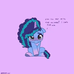 Size: 2480x2480 | Tagged: safe, artist:starburstuwu, derpibooru import, pony, unicorn, g5, spoiler:g5, cornrows, crying, cute, eyebrows, female, filly, filly misty brightdawn, floppy ears, foal, freckles, gradient hooves, gradient horn, horn, image, implied alphabittle blossomforth, jpeg, misty brightdawn, mistybetes, precious, purple background, sad, sadorable, simple background, solo, starburstuwu is trying to murder us, talking to viewer, text, two toned mane, unshorn fetlocks, younger