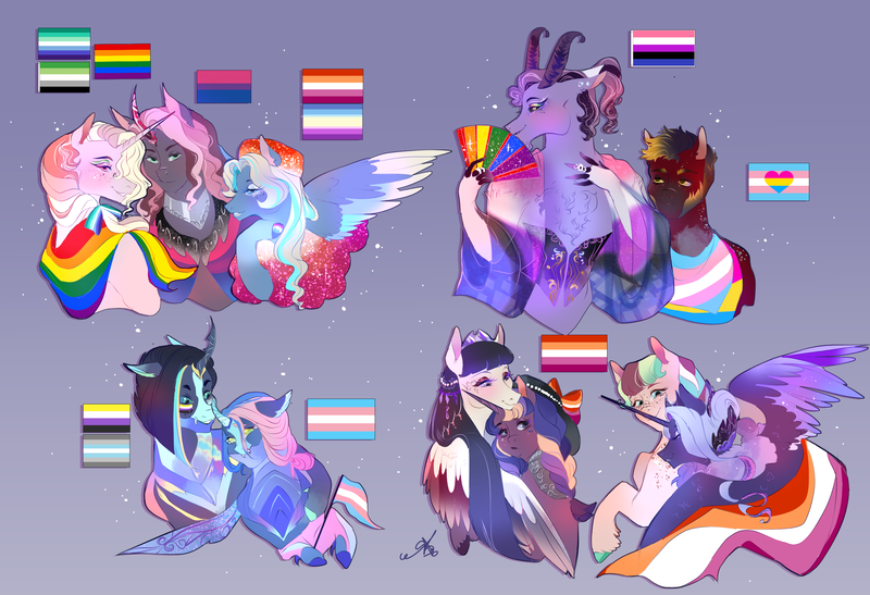 Size: 2537x1735 | Tagged: safe, artist:bunnari, derpibooru import, oc, oc:as de coeur, oc:astral tome, oc:calla lilith, oc:crescenta darkwood, oc:high standards, oc:masonry oven, oc:naiad, oc:seraphim allure, oc:velour, oc:venom sting, unofficial characters only, alicorn, changeling, earth pony, pegasus, pony, unicorn, alicorn oc, aromantic pride flag, bad end au, bisexual pride flag, braid, curved horn, demiboy, demiboy pride flag, fan, female, gay pride flag, genderfluid pride flag, hat, horn, horns, image, lesbian pride flag, male, mare, next generation, nonbinary, nonbinary pride flag, oc x oc, pansexual pride flag, png, pride, pride flag, shipping, stallion, transgender, transgender pride flag, wings