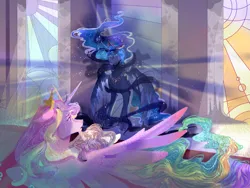 Size: 2000x1500 | Tagged: safe, artist:bunnari, derpibooru import, princess cadance, princess celestia, princess luna, alicorn, pony, g4, bad end au, crying, female, hoof shoes, image, jewelry, mare, peytral, png, regalia, spread wings, story included, throne room, trio, wings