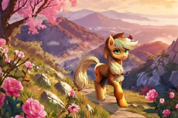 Size: 2000x1333 | Tagged: safe, artist:allegrenix, derpibooru import, applejack, earth pony, pony, g4, applejack's hat, cowboy hat, female, flower, freckles, grass, hat, image, mare, mountain, outdoors, png, scenery, solo, spring, tree, wallpaper