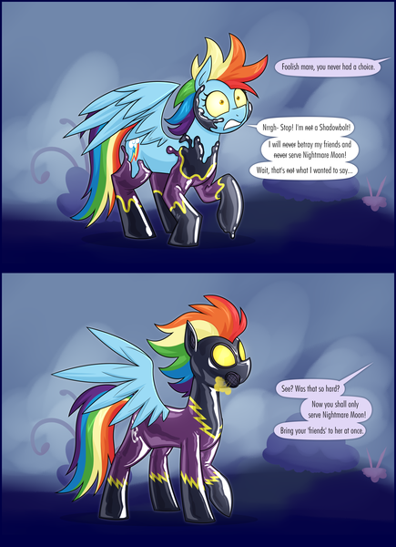 Size: 2250x3107 | Tagged: safe, artist:moonatik, derpibooru import, rainbow dash, pegasus, pony, friendship is magic, g4, 2 panel comic, bad end, clothes, comic, commission, costume, female, gas mask, image, implied nightmare moon, latex, latex suit, living latex, mare, mask, mind control, my little pony, nightmare night costume, png, rubber drone, shadowbolt dash, shadowbolt drone, shadowbolts, shadowbolts costume, solo, speech bubble