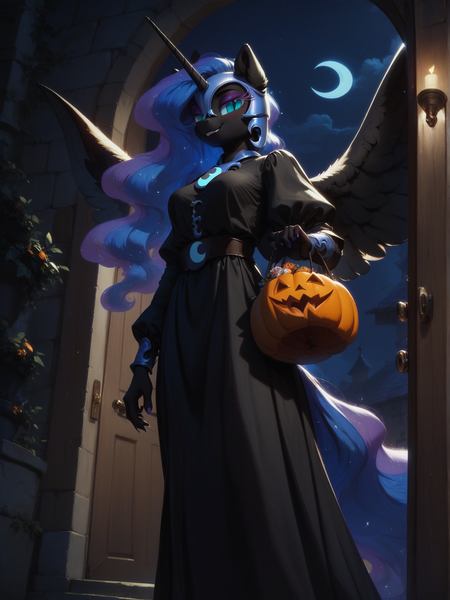 Size: 1320x1760 | Tagged: safe, ai content, machine learning generated, ponerpics import, ponybooru import, prompter:wolferin, nightmare moon, princess luna, alicorn, anthro, clothes, costume, female, full moon, halloween, holiday, image, jack-o-lantern, moon, nightmare moon costume, nightmare night, nightmare night costume, png, prompt in source, pumpkin, solo