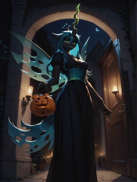 Size: 1320x1760 | Tagged: safe, ai content, machine learning generated, ponerpics import, ponybooru import, prompter:wolferin, queen chrysalis, anthro, changeling, changeling queen, clothes, costume, female, full moon, halloween, holiday, image, jack-o-lantern, moon, nightmare night, nightmare night costume, png, prompt in source, pumpkin, solo