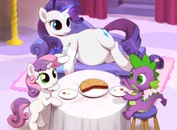 Size: 3840x2823 | Tagged: safe, artist:jotun22, rarity, spike, sweetie belle, dragon, pony, unicorn, fanfic, fanfic:ponies don't lay eggs, g4, adorabetes, baby, baby dragon, belle sisters, belly, big belly, blank flank, carousel boutique, carpet, commission, cover art, cute, dining table, drapes, fainting couch, fanfic art, female, filly, foal, food, fork, horn, image, indoors, knife, looking at someone, lying down, magic, magic aura, male, mare, pie, plate, png, preggity, pregnant, raribetes, round belly, rug, siblings, side, silverware, sisters, sitting, smiling, staircase, standing, stool, tablecloth, telekinesis, wall of tags