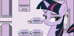 Size: 925x458 | Tagged: safe, derpibooru import, edit, editor:jadetheponyy, twilight sparkle, pony, unicorn, g4, female, game, horn, image, jpeg, lavender town, mare, my little pony, pokémon, purple background, purple hair, simple background, smiling, smug, smug smile, smuglight sparkle, solo, unicorn twilight