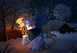 Size: 4096x2875 | Tagged: safe, artist:cheekipone, ponerpics import, oc, oc:snooze news, unofficial characters only, bat pony, pony, bat pony oc, bat wings, bush, clothes, coat, dark, ear tufts, eyebrows, fangs, female, floppy ears, forest, house, image, jpeg, lantern, light, mare, mouth hold, nature, orange mane, orange tail, raised hoof, raised leg, smiling, snow, snowfall, solo, spread wings, starry eyes, trail, tree, unshorn fetlocks, walking, wingding eyes, wings, winter