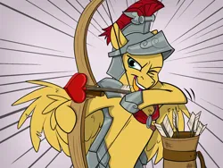 Size: 1654x1241 | Tagged: safe, artist:rutkotka, derpibooru import, flash magnus, pegasus, pony, g4, archery, arrow, bow (weapon), bow and arrow, heart shaped, helmet, image, jpeg, left handed, male, open mouth, open smile, quiver, smiling, solo, speed lines, stallion, weapon