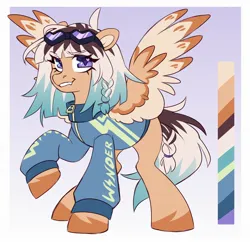 Size: 1912x1848 | Tagged: safe, artist:cheekipone, ponerpics import, oc, unofficial characters only, pegasus, pony, braid, clothes, color palette, colored wings, eye clipping through hair, eyebrows visible through hair, fangs, female, floppy ears, goggles on head, hair tie, heart shaped, image, jacket, jpeg, mare, multicolored wings, passepartout, pegasus oc, raised hoof, reference sheet, smiling, solo, spread wings, standing, unshorn fetlocks, wingding eyes, wings, wonderbolts